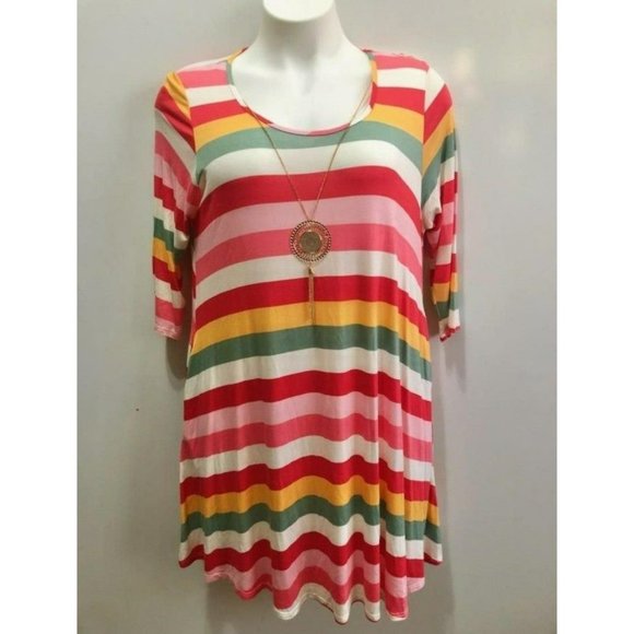 Tunic Swing colorful striped plus size dress with necklace 3/4 sleeve 2X - Picture 1 of 6